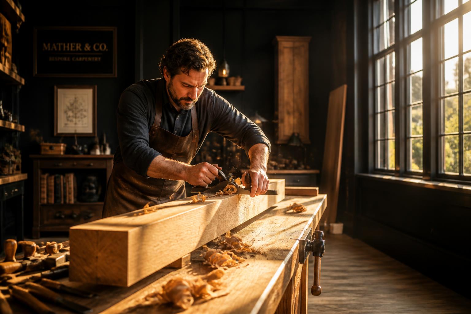 Master carpenter hand-planing oak beam in workshop